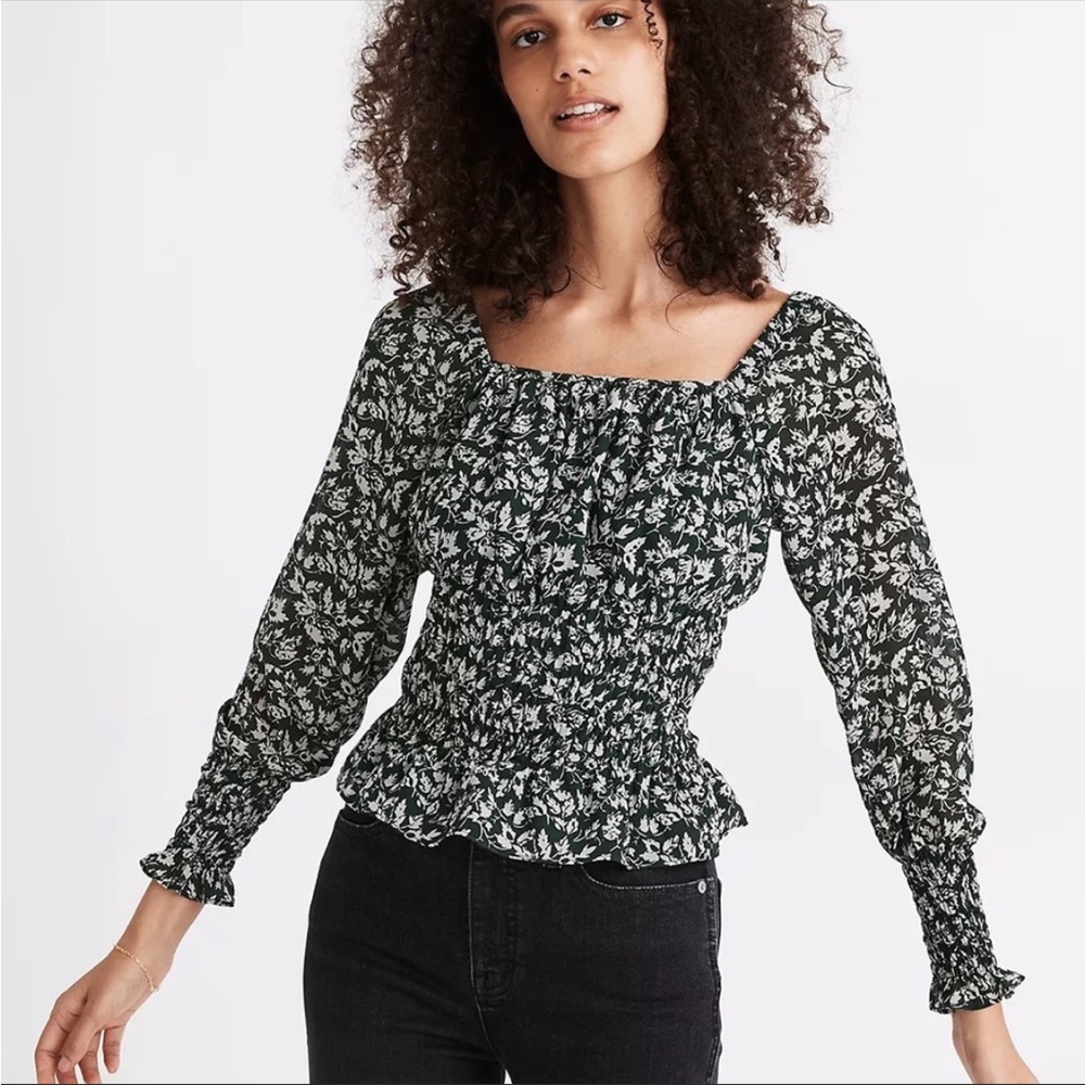 Madewell Georgette Square-Neck Smock-Waist Top in Forest Leaves